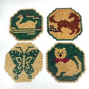 Vintage‎ Bamboo Wood Bead Trivet Hot Pad Pot Holder Set Cat Duck Horse Butterfly